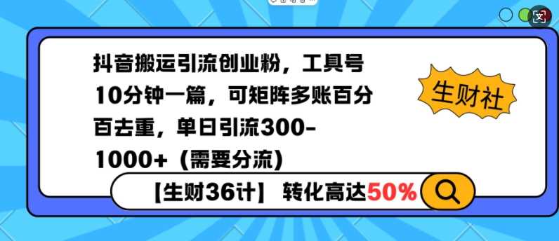 抖音搬运引流创业粉，工具号10分钟一篇，可矩阵多账百分百去重，单日引流300 （需要分流）_陌咲网