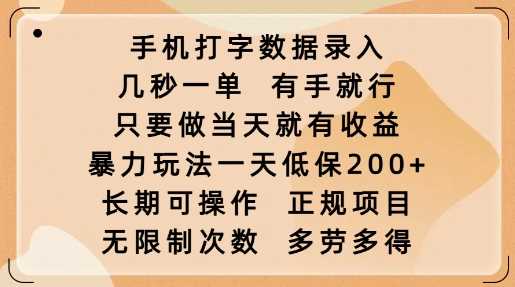 手机打字数据录入，几秒一单，有手就行，只要做当天就有收益，暴力玩法一天低保2张_陌咲网
