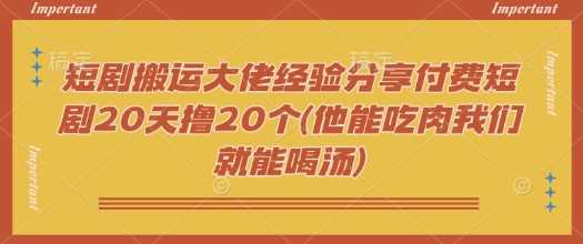短剧搬运大佬经验分享付费短剧20天撸20个(他能吃肉我们就能喝汤)_陌咲网