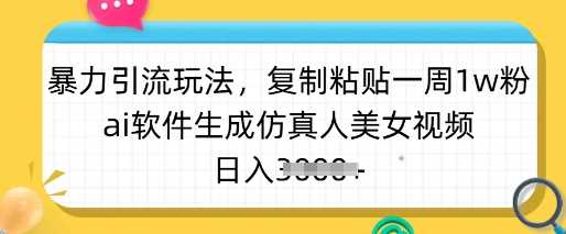 暴力引流玩法，复制粘贴一周1w粉，ai软件生成仿真人美女视频，日入多张_陌咲网