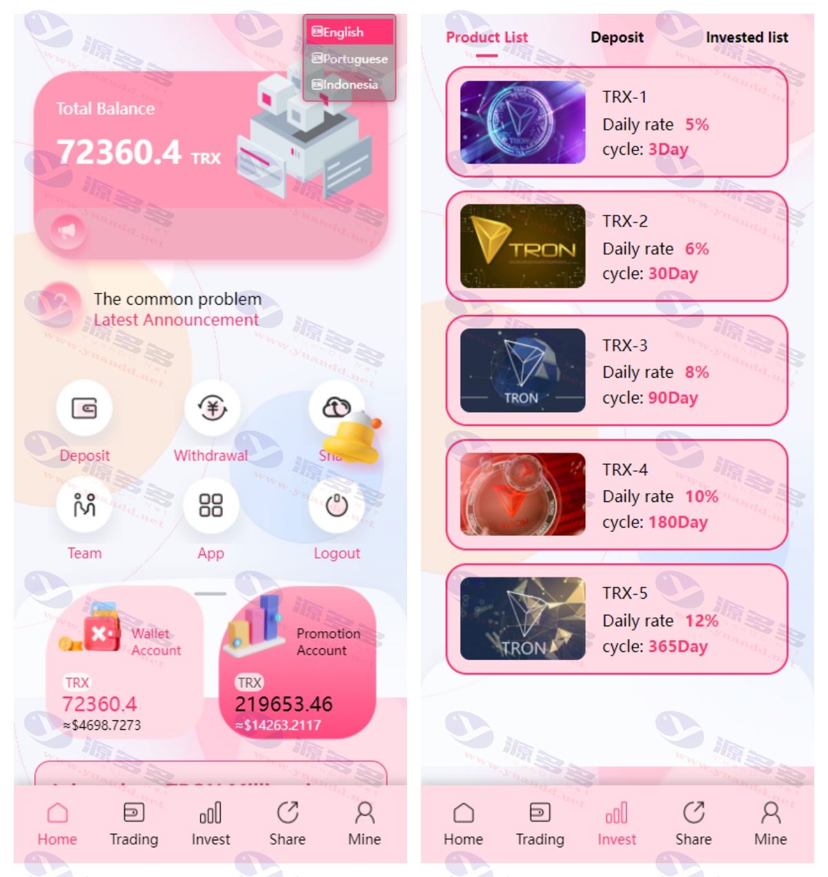 TRX区块链理财系统网站源码下载/粉色UI多语言理财系统源码_陌咲网